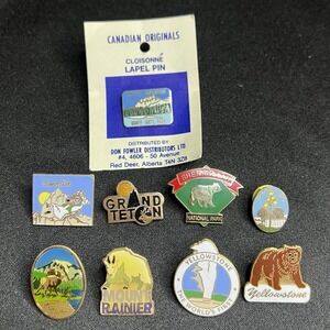 Lot of 9 Vtg National Park Lapel Pins Yellowstone Mt Rainier Grand Teton Glacier